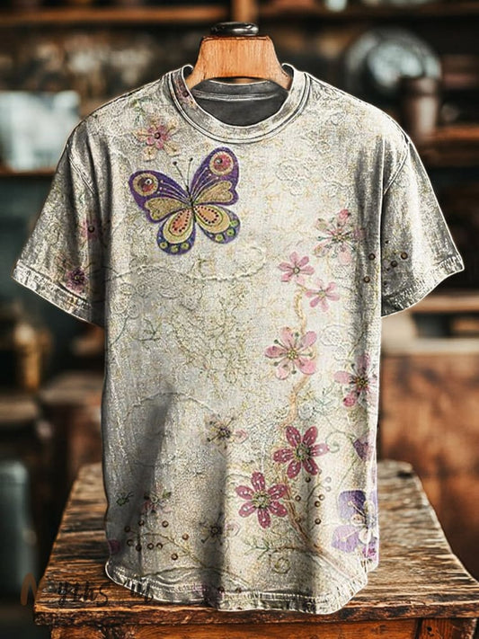 Unisex Vintage Floral Butterfly Art Print Casual Tee
